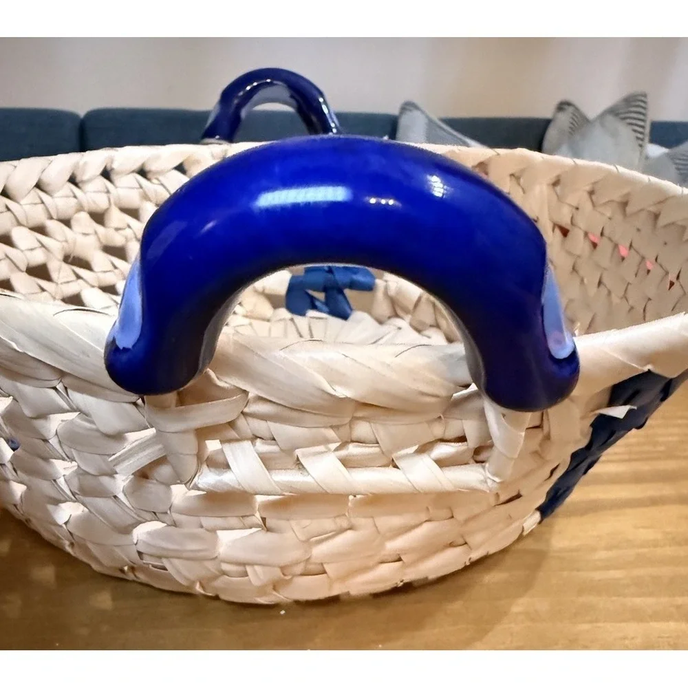 Vintage Wicker Bread Baskets Set of 2 Blue Ceramic Handles